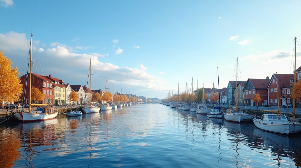 Tønsberg kikötője őszi tájjal, hajókkal és színes épületekkel.