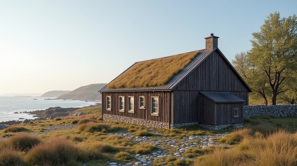 Vallø régi sófőzője a tengerparton, Norvégiában