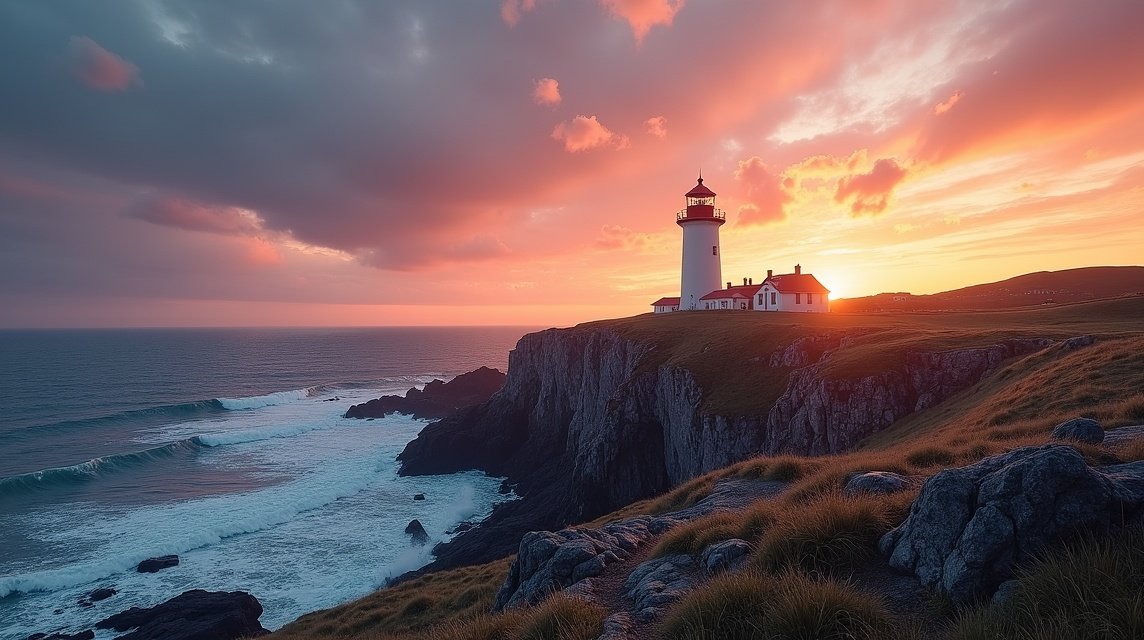 A világítótorony naplementében Tønsberg közelében, gyönyörű tengerparti táj.