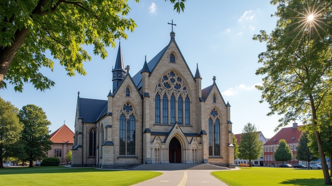A Tønsbergi Dóm impozáns neogótikus épülete és környezete.