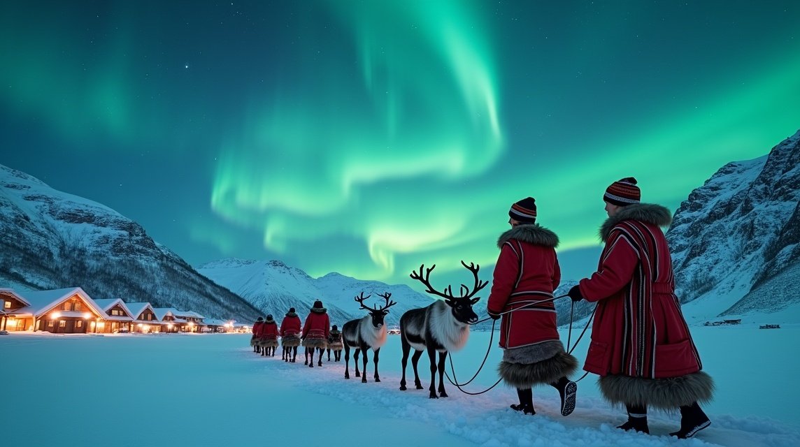 Rénszarvas szános utazás Tromsø-ban az északi fény alatt.