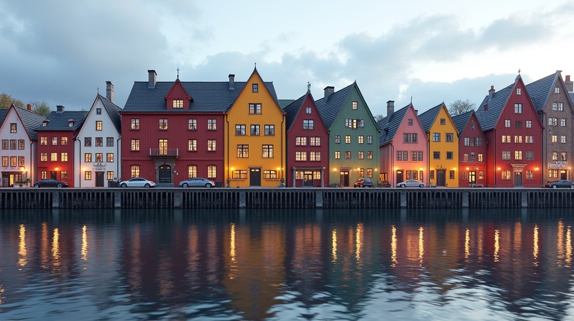 Színes raktárépületek a Nidelva folyón Trondheimban, Norvégiában