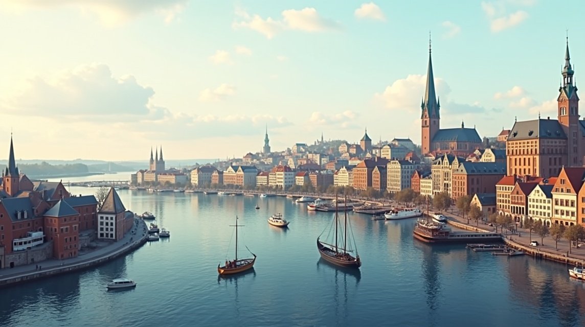 Trondheim városkép a fjord mellett, régi házakkal és hajókkal.