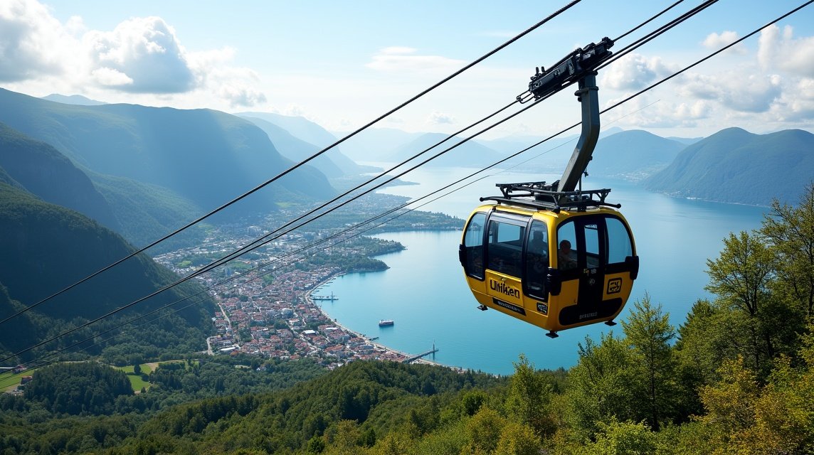Ulriken felvonó Bergen felett a hegyek és tenger panorámájával
