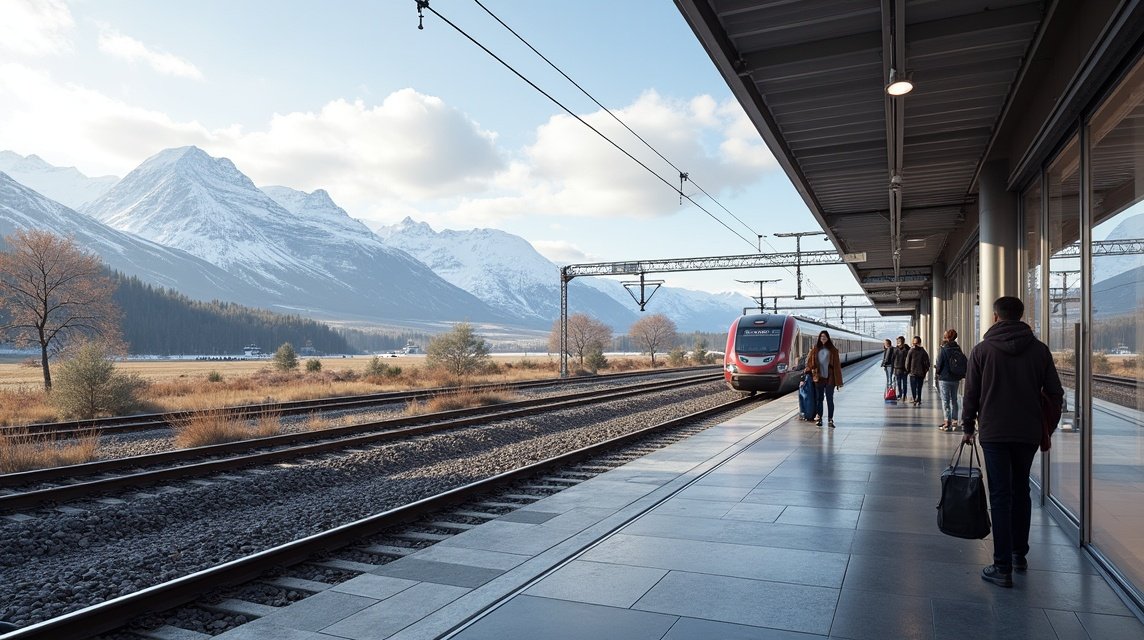 Vonatpályaudvar festői kilátással Norvégiában Lillehammer felé.
