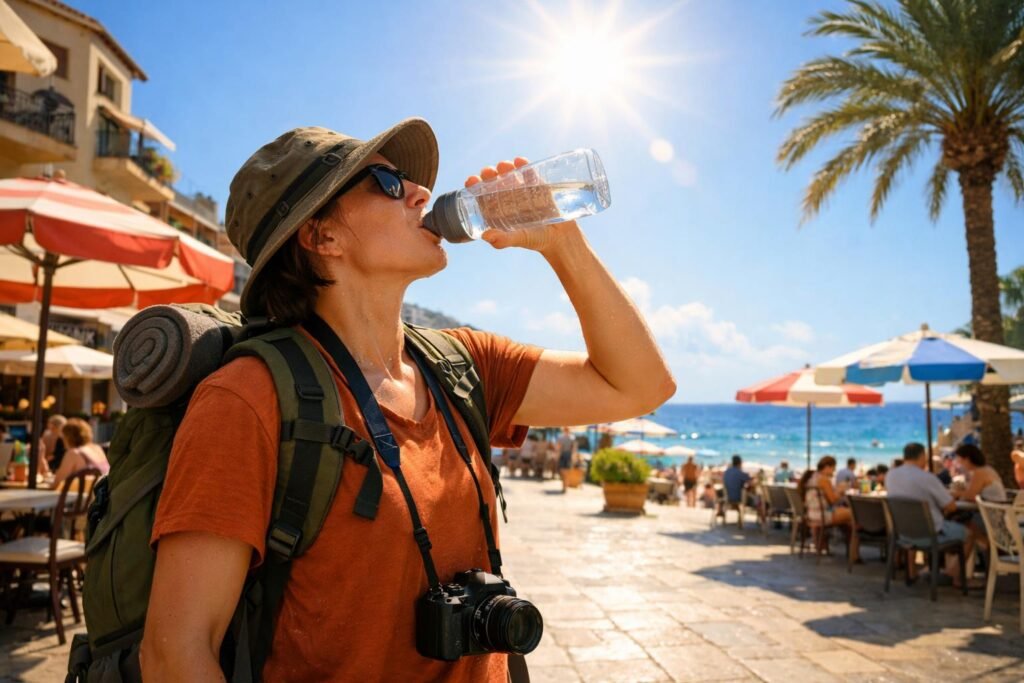 Napfényben felfrissítő képe a strand és városnézés közbeni hidratáltság témájáról.