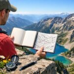 Hegyvidéki nyári túra kezdete: friss levegő, napsütés, sétáló turista a füves ösvényen.