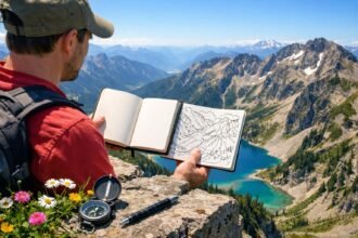 Hegyvidéki nyári túra kezdete: friss levegő, napsütés, sétáló turista a füves ösvényen.