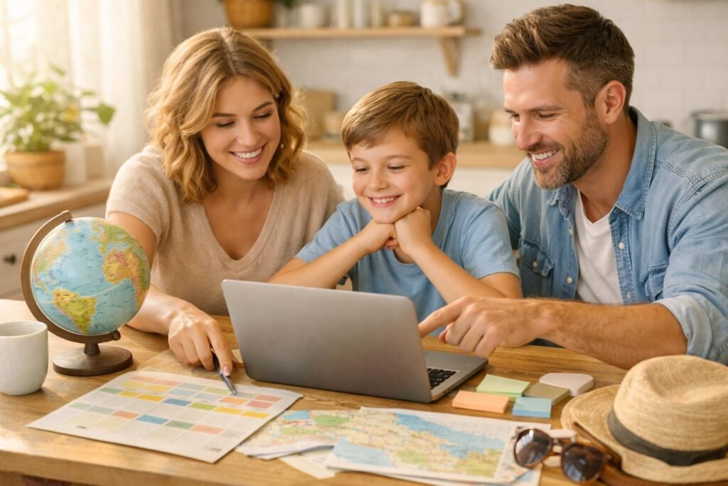 Család közösen tervez egy stresszmentes nyaralást laptop előtt.