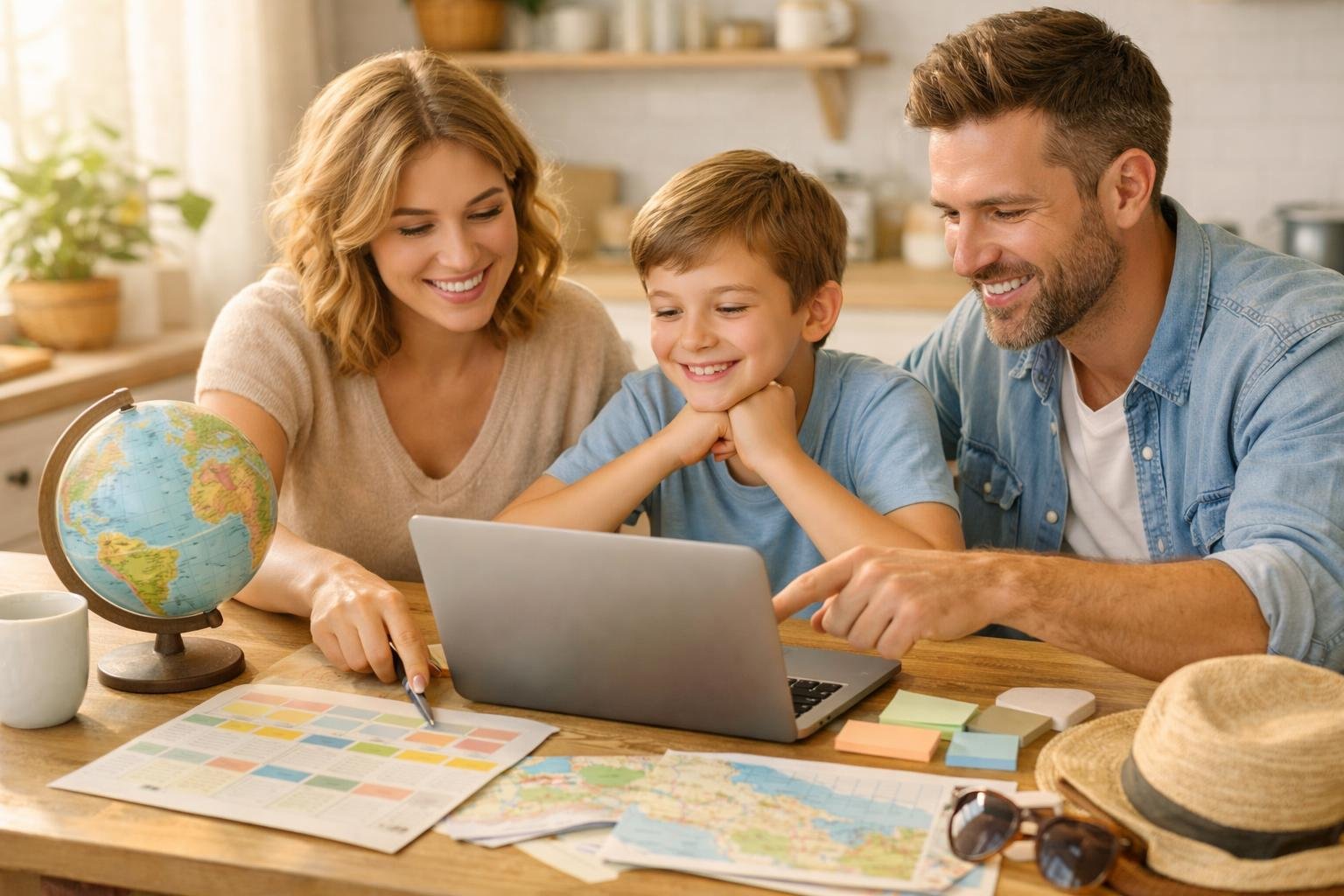 Család közösen tervez egy stresszmentes nyaralást laptop előtt.