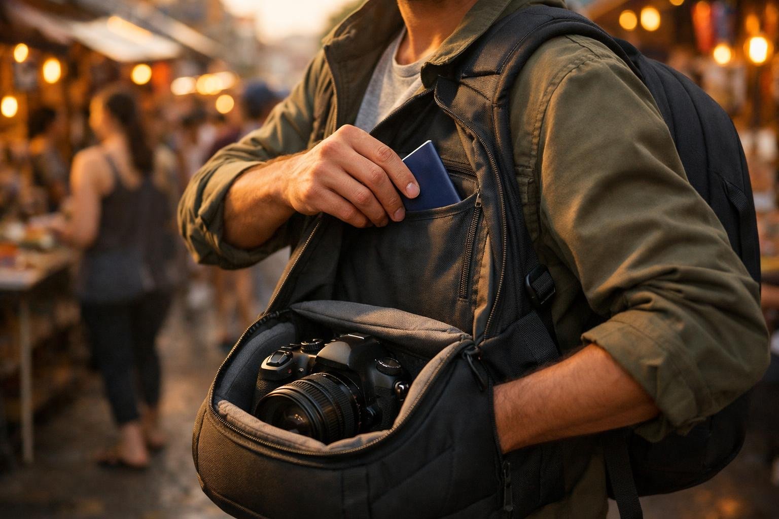 Hogyan védd meg az értékeidet turistaként? 1 Turista a piacon, kezében telefon, hátizsák a kamerával.