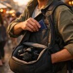 Turista a piacon, kezében telefon, hátizsák a kamerával.