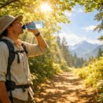 Napsütéses kiránduláson árnyékos ösvényt kereső sapkás turista a nyári napsütésben.