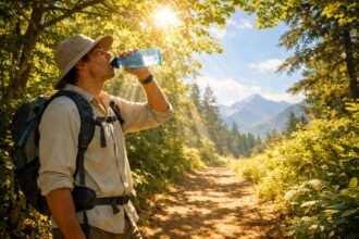 Napsütéses kiránduláson árnyékos ösvényt kereső sapkás turista a nyári napsütésben.