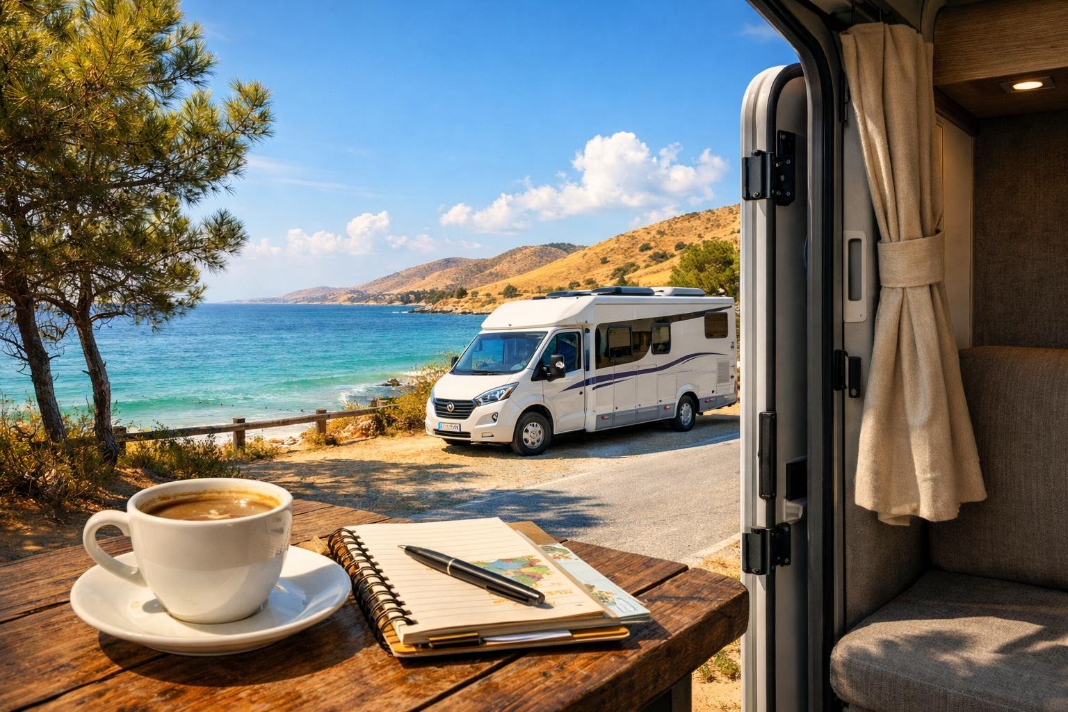 Breathtaking view from a camper with coffee and notebook by the sea