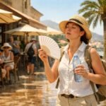 Hőségben pihenő turista árnyékban, vízzel kezében, nyugalmát és egészségét keresve