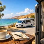 Breathtaking view from a camper with coffee and notebook by the sea