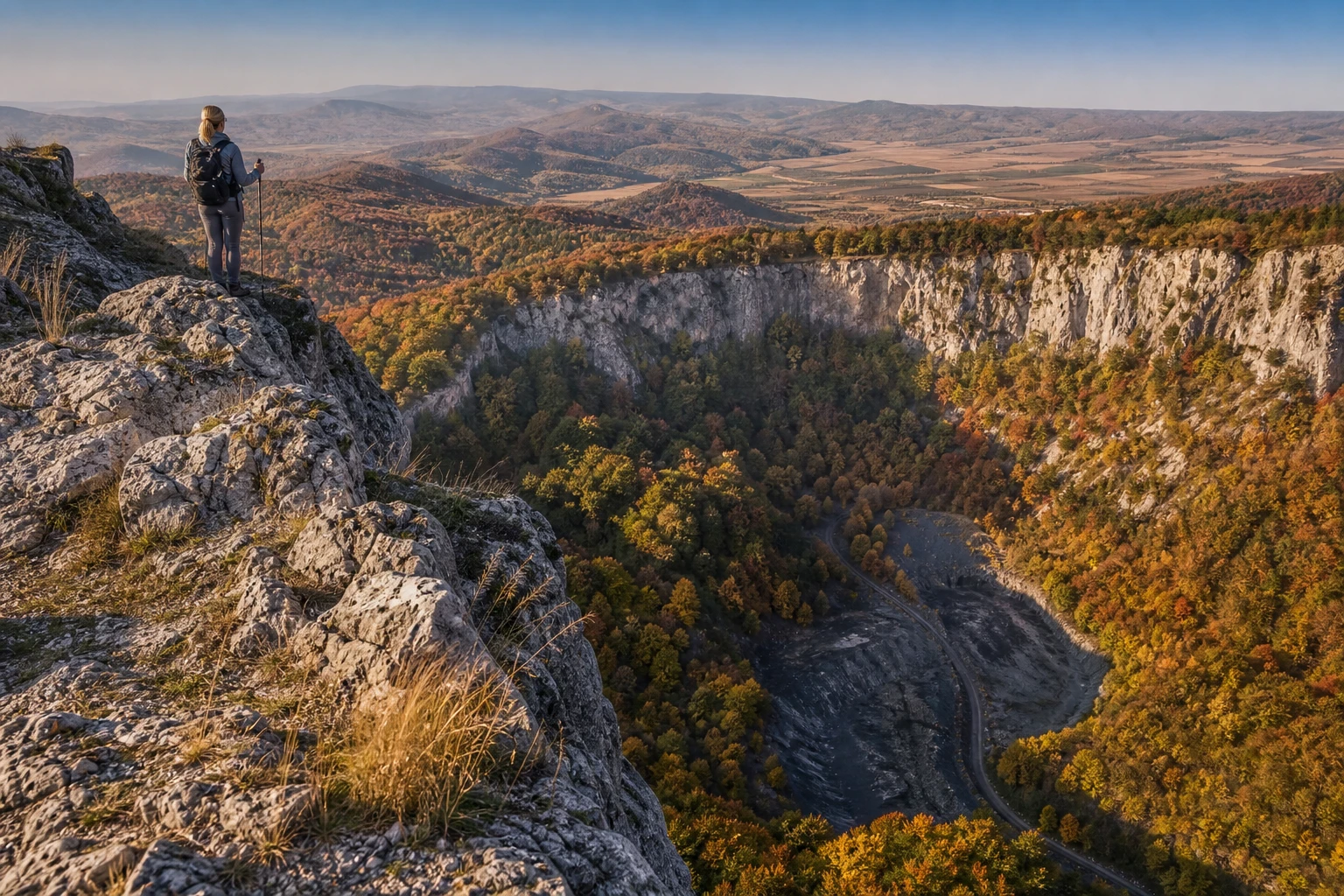 Bél-kő ősszel – elképesztő panoráma az egykori mészkőbánya fölött 1 Őszi panoráma a Bél-kőről, túrázó a sziklán állva