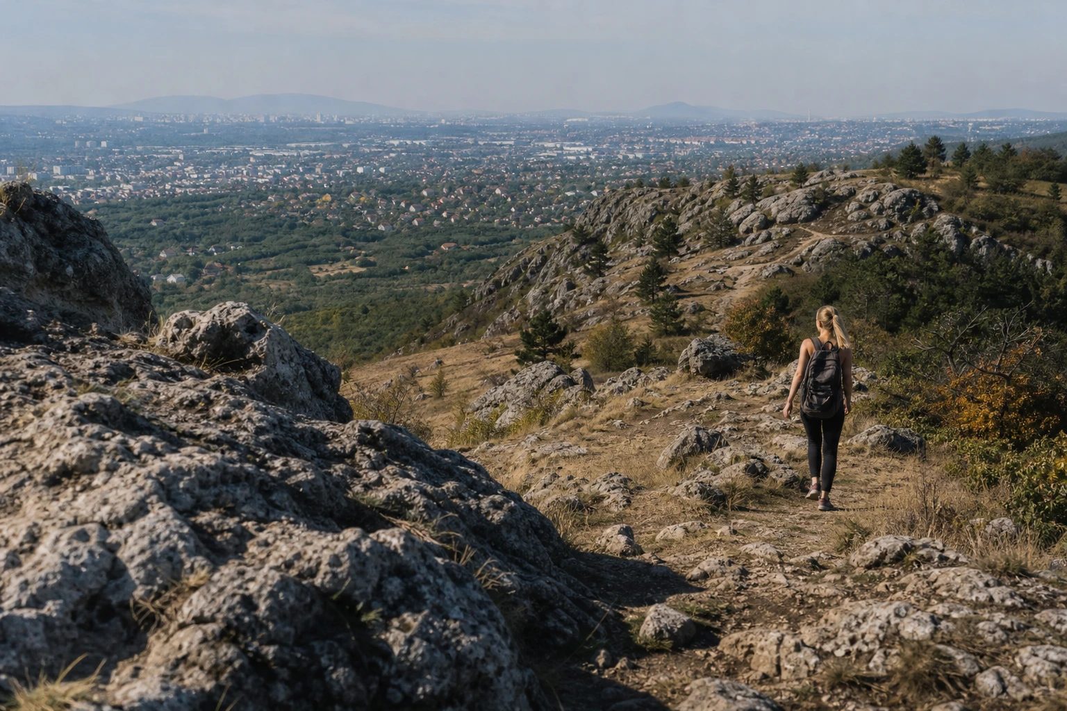 Budaörsi kopárok túra sziklák között Budapest panorámájával