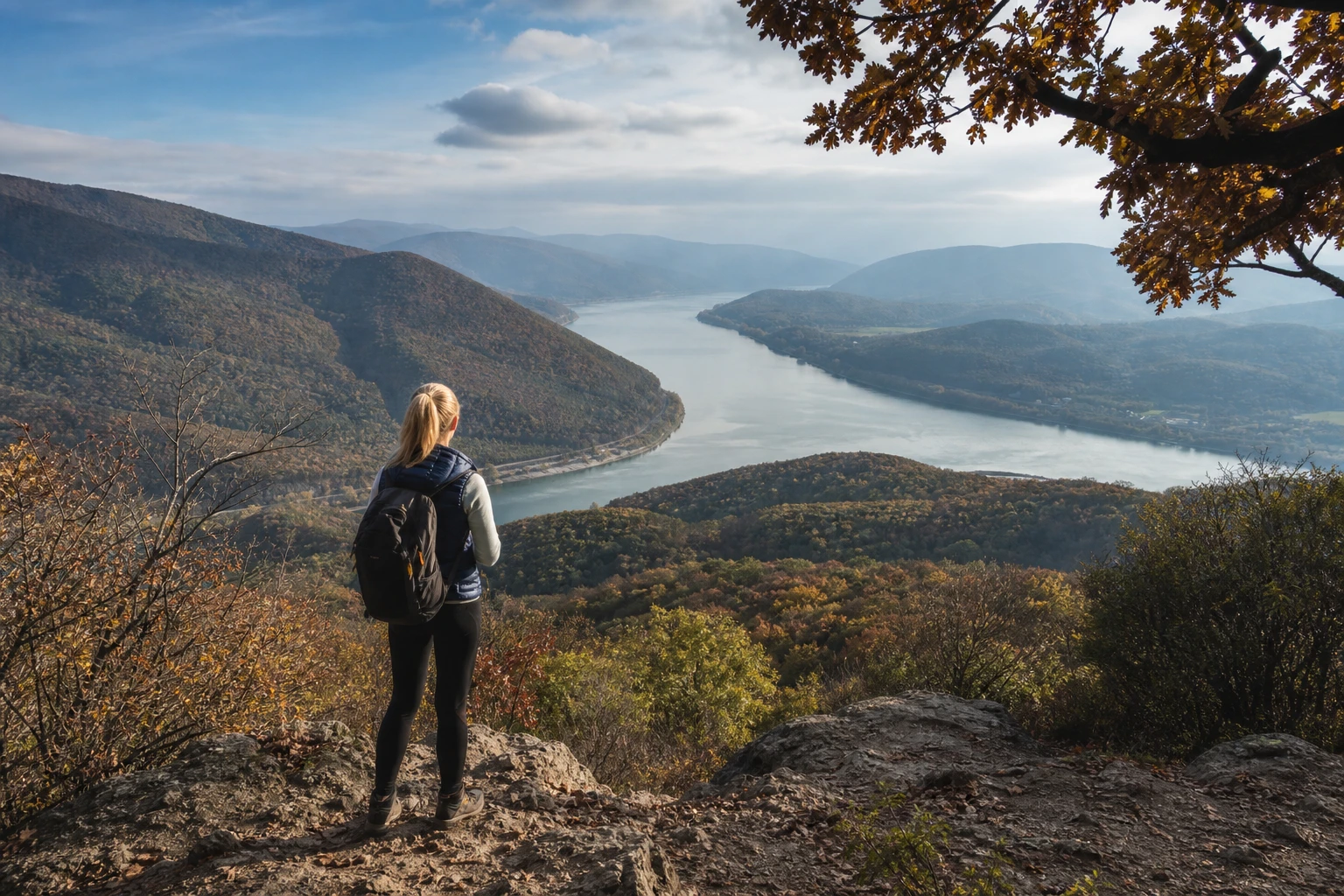 Nő a Hegyes-tetőről nézi a Duna gyönyörű panorámáját