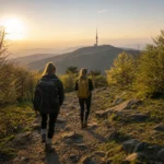 Gyalogos túrázók a Kékestetőn, csodás panorámával a háttérben.