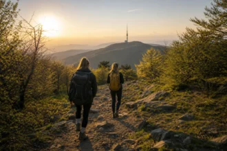 Gyalogos túrázók a Kékestetőn, csodás panorámával a háttérben.