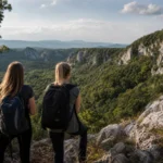 Aggtelek felszínén túrázó fiatalok a gyönyörű táj előtt.