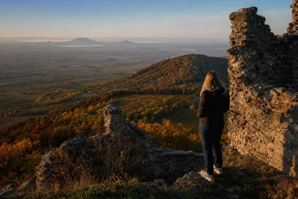 Nő a Somló-hegy várromján, csodás panorámával a szőlőhegyre.