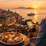 Nápolyi pizza naplementében, telefon használata városnézés alatt.