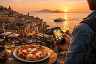 Nápolyi pizza naplementében, telefon használata városnézés alatt.