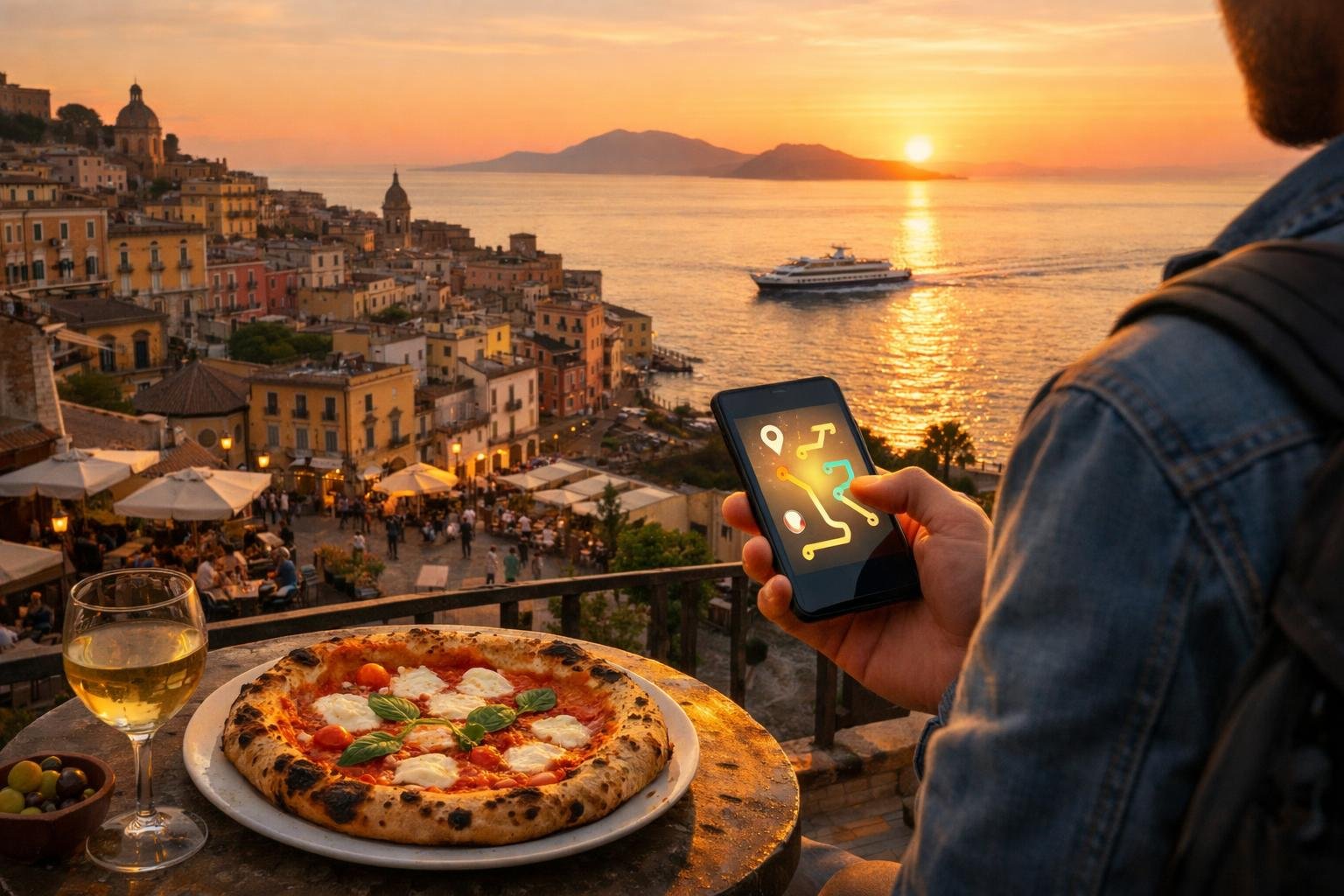 Nápolyi pizza naplementében, telefon használata városnézés alatt.