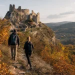 Túrázók a Csókakő várrom közelében őszi tájon