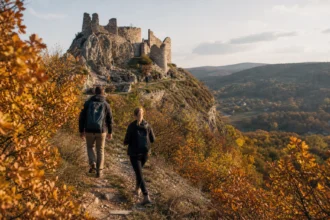 Túrázók a Csókakő várrom közelében őszi tájon