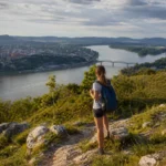 Nő a Vaskapu-hegyen, gyönyörű kilátással a Dunára és Esztergomra.