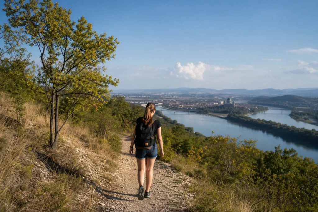 Nő túrázik a Strázsa-hegy tanösvényén, gyönyörű panorámával Esztergomra.
