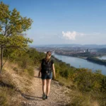Nő túrázik a Strázsa-hegy tanösvényén, gyönyörű panorámával Esztergomra.