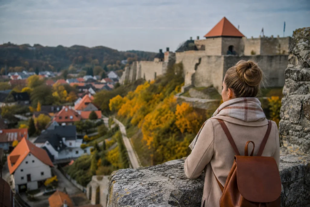 Nő az Egri vár falainál, gyönyörű őszi panoráma a Szépasszony-völgyre.