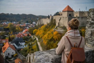 Nő az Egri vár falainál, gyönyörű őszi panoráma a Szépasszony-völgyre.