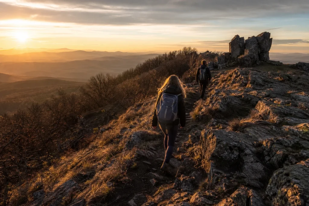 Hikers on the trail at Nagy-Milic in Zemplén during sunset