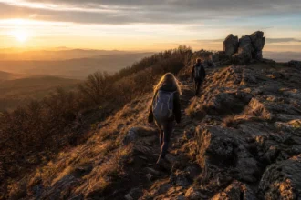 Hikers on the trail at Nagy-Milic in Zemplén during sunset